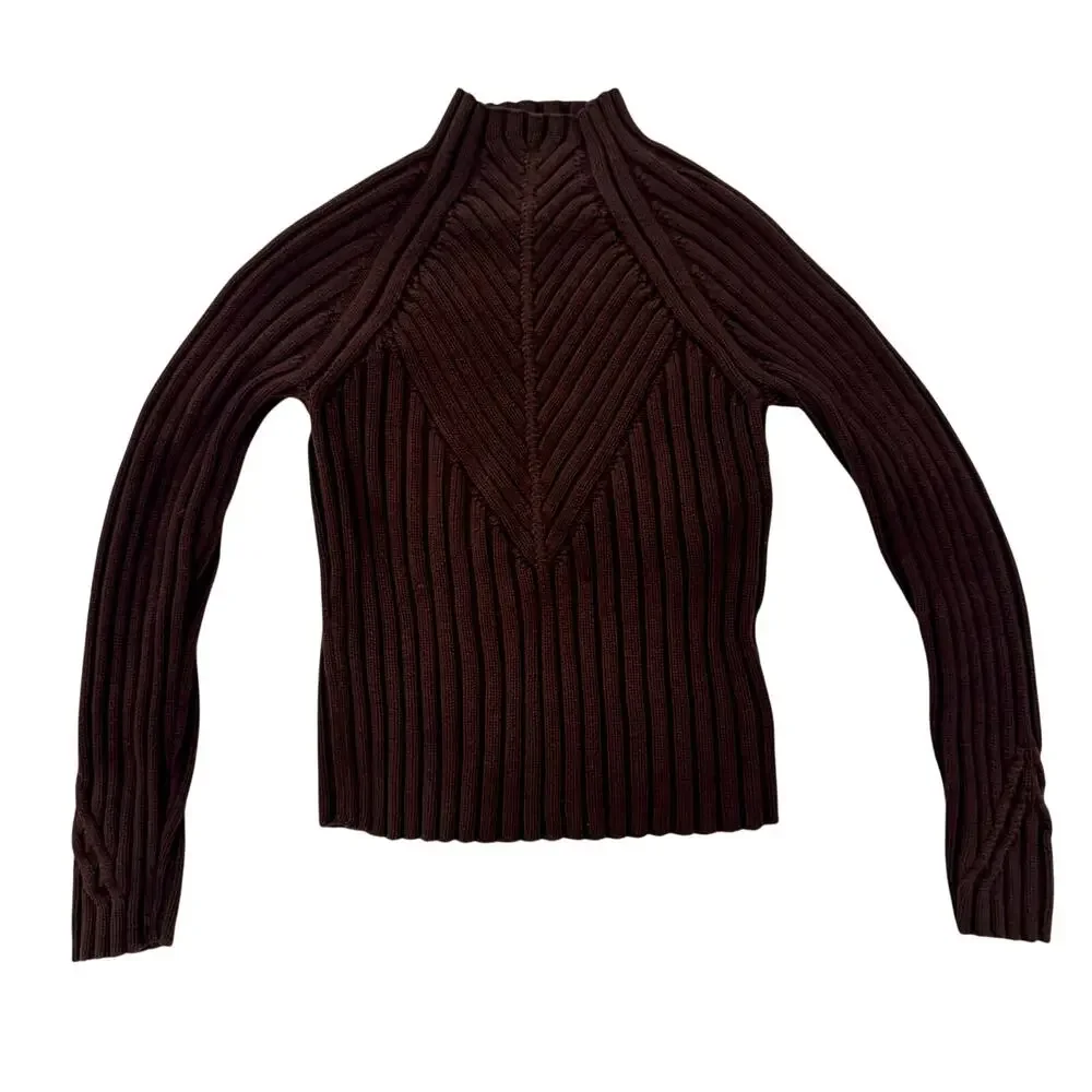 Ribbed Mock Neck Sweater Women's Small Brown Cotton Dark Academia Minimalist - Picture 1 of 16